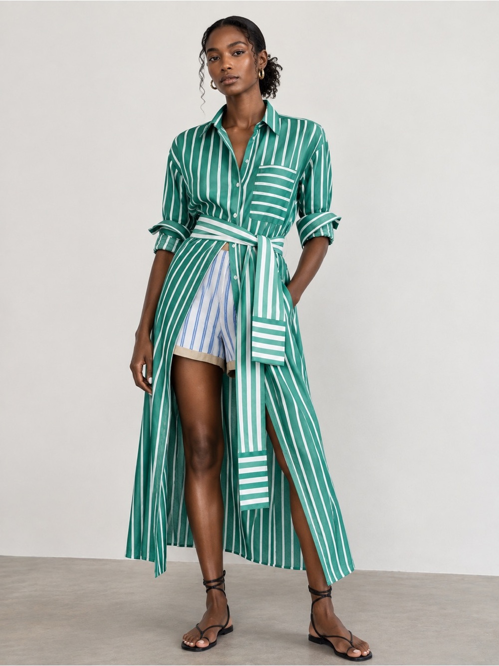 Long Sleeve Tie-Waist Striped Poplin Maxi Shirt Dress Rosie
Assoulin Size Small